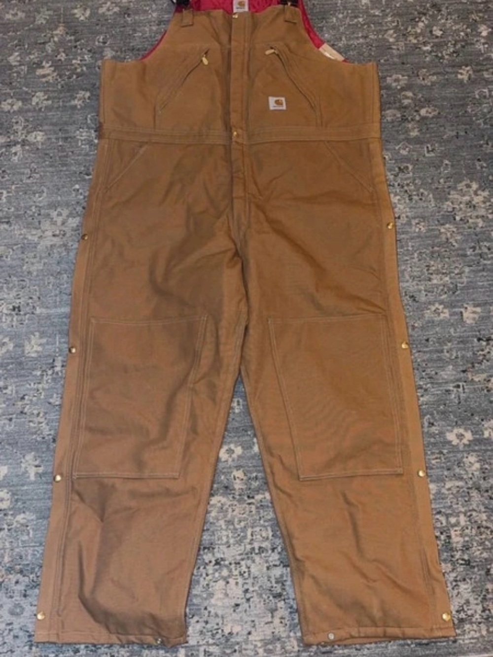 Carhartt Men’s Tan/Brown Duck Work Bib Overalls with Red Lining